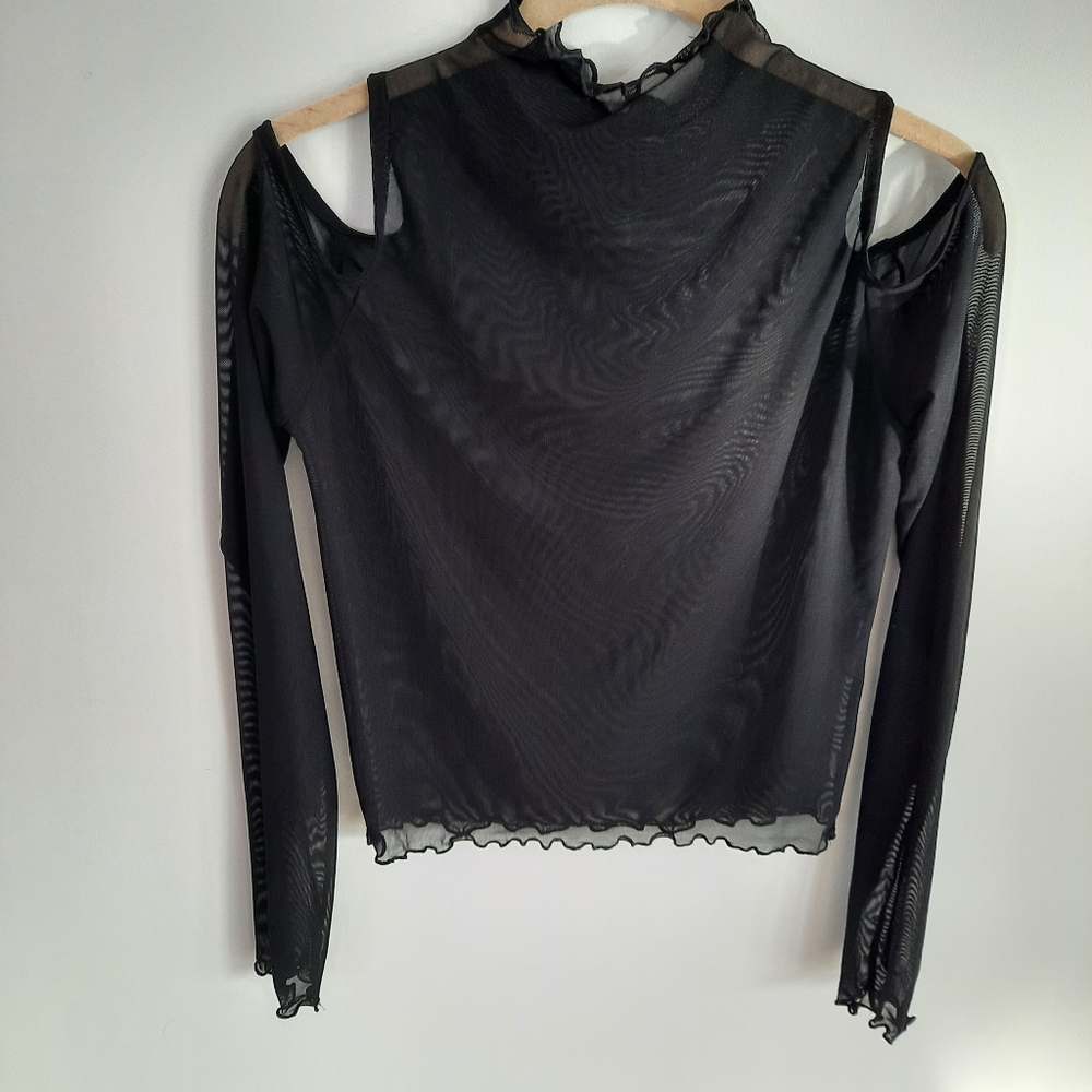 Black Sheer Mesh Long Sleeve Cold Shoulder Top Ruffled Neck-Cuffs-Hem Size Small
